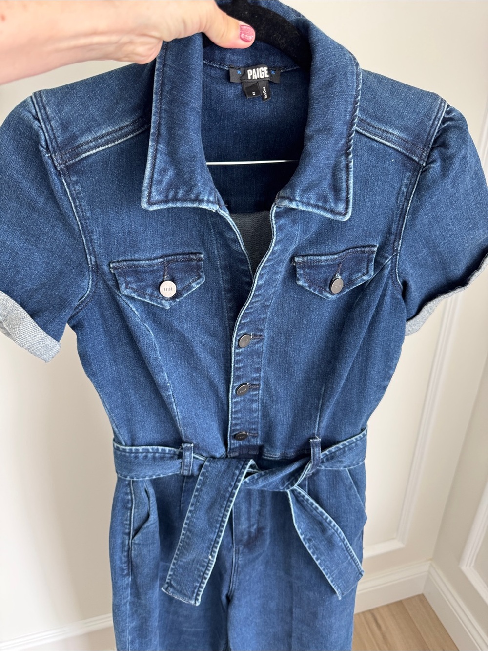 PAIGE Dark Blue Denim Short-Sleeve Jumpsuit with Self-Tie Waist